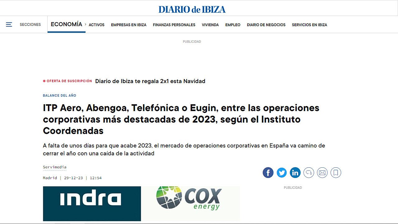 ITP Aero, Abengoa, Telefnica o Eugin, entre las operaciones corporativas ms destacadas de 2023, segn el Instituto Coordenadas